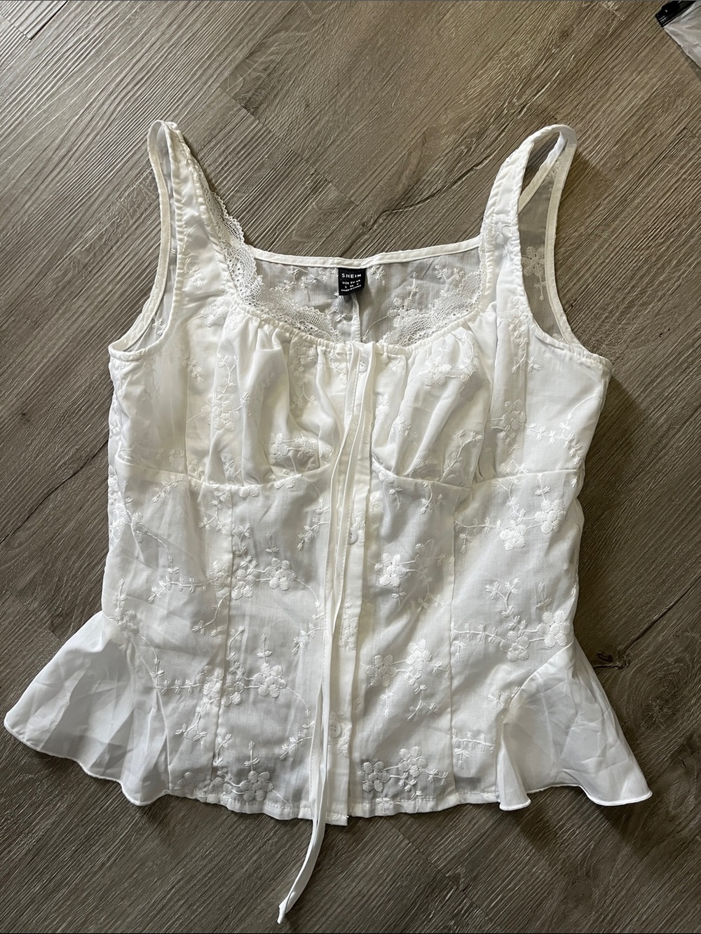 SHEIN White Embroidered Ruffle Hem Camisole